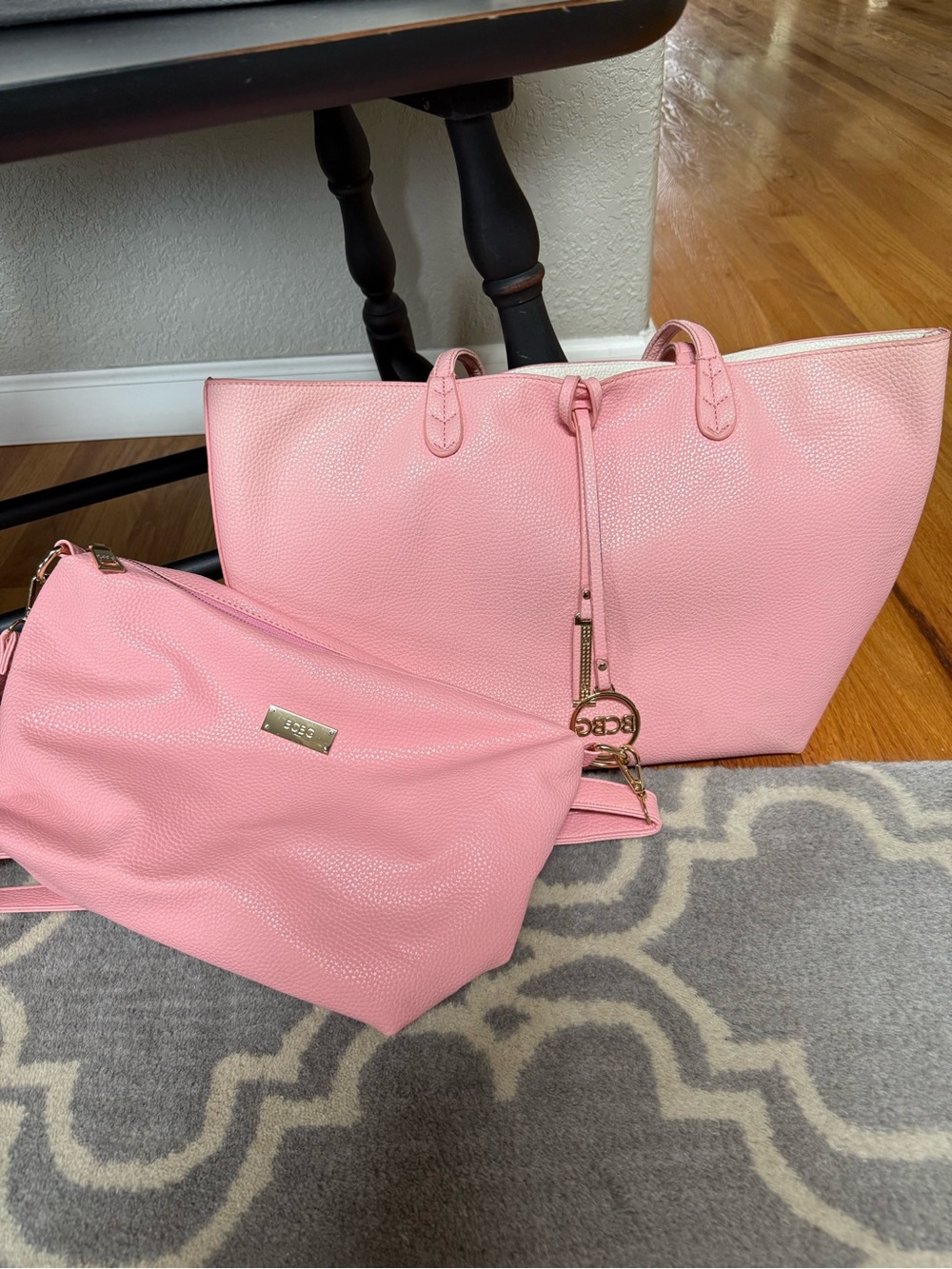 BCBG Paris Pink Pebbled Shoulder Bag with gold name plate - get the tote FREE!